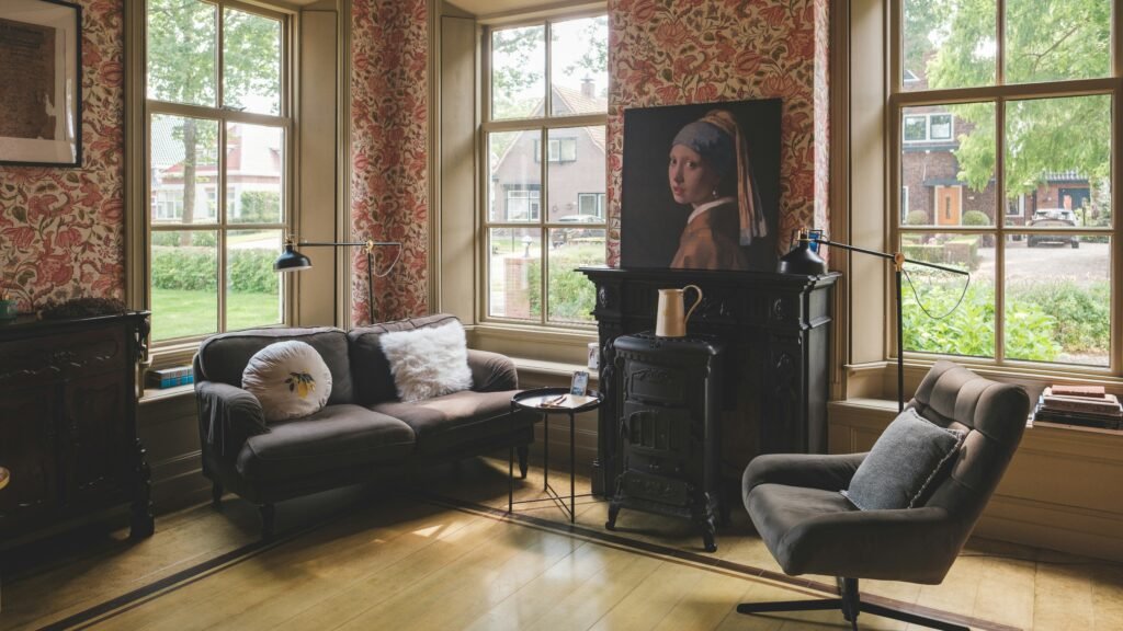 Cozy living room with artwork and big windows