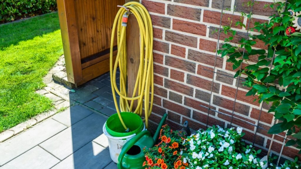 A garden yellow hose connected to a tap protruding from a farm building against a background of brick facade, visible plastic watering can, bucket and flowers.
