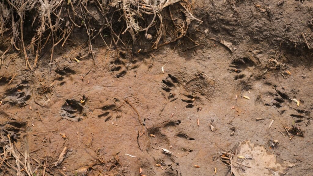 Animal footprint. hedgehog footprint in the sand in the forest, close up, detailed.