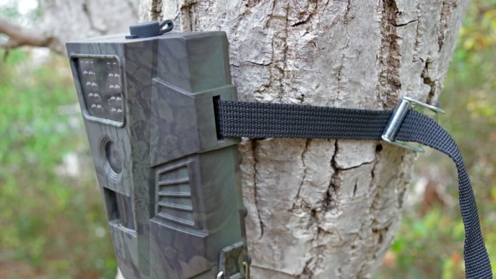 Camera traps with infrared light and a motion detector attached by straps on a tree 