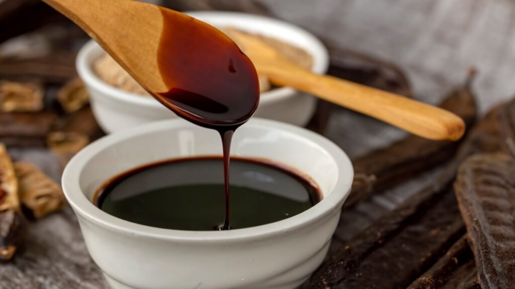 Carob molasses and carob pods on wooden background
