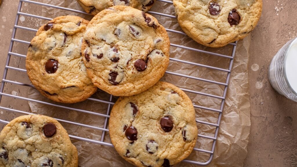 Chocolate chip cookies with flaky salt on a cooling rack, homemade freshly baked cookies