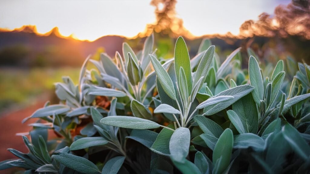 Close-up shot of sage leaves and sunset