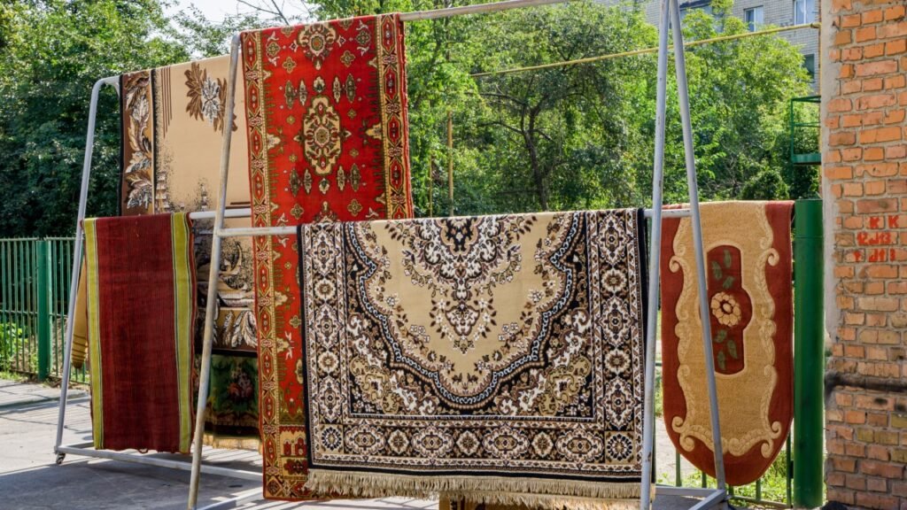 Different carpets hanging on rack outdoors. Professional carpet cleaning and drying.