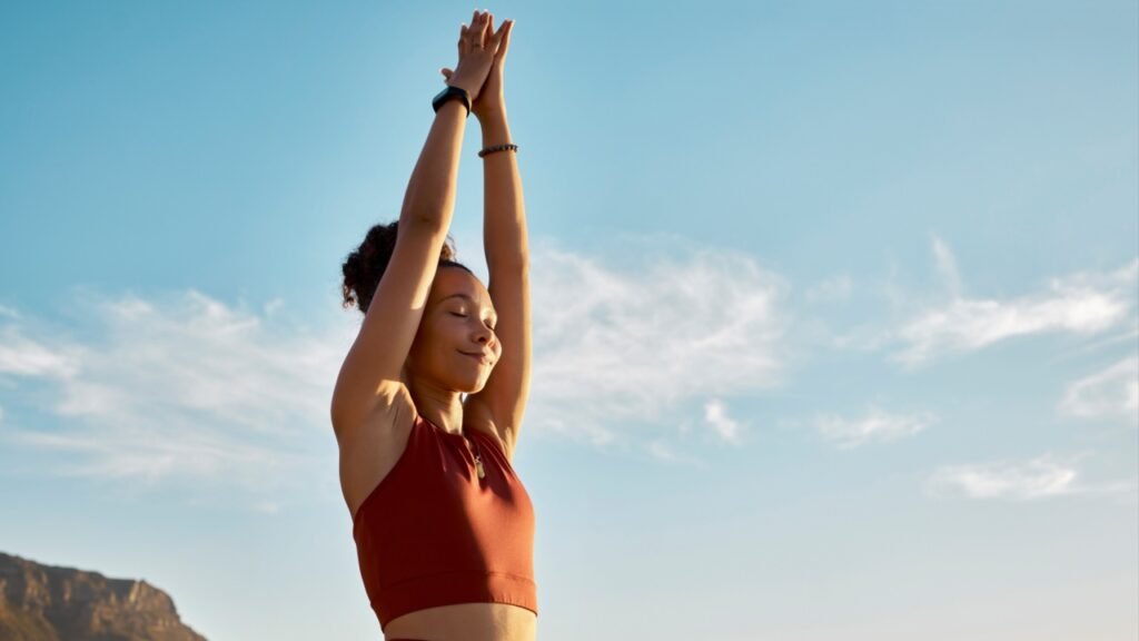 Happy zen girl, spiritual fitness breathing and health for mindfulness reiki energy or relax pilates exercise workout in nature