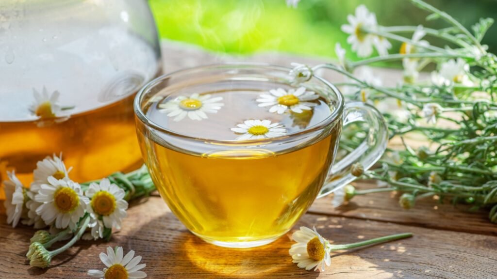 Herbal chamomile tea and chamomile flowers near teapot and tea glass. Rural or countryside background.