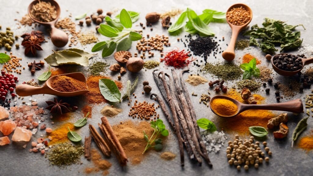 Herbs and spices in closeup on gray background