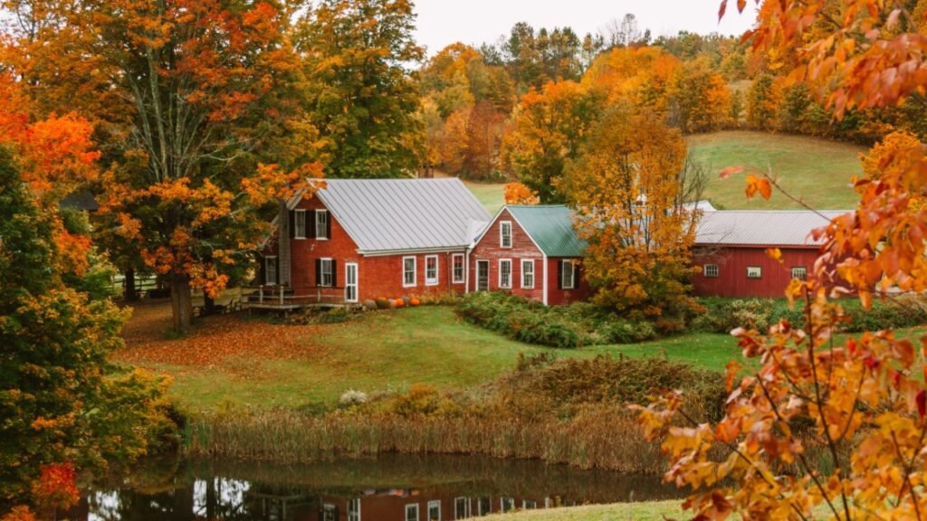 New England Autumn Jenne Farm House Red Barn Pond with Fall Foliage