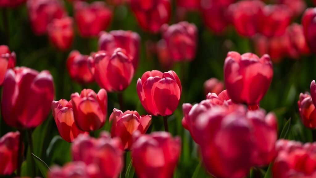 Red Tulips. Amazing bright Crimson Scarlet tulip flowers blooming in the garden at sunny spring day. Red Maroon, Ruby tulips in the park. Spring landscape. Field of tulips. Spring flowers.