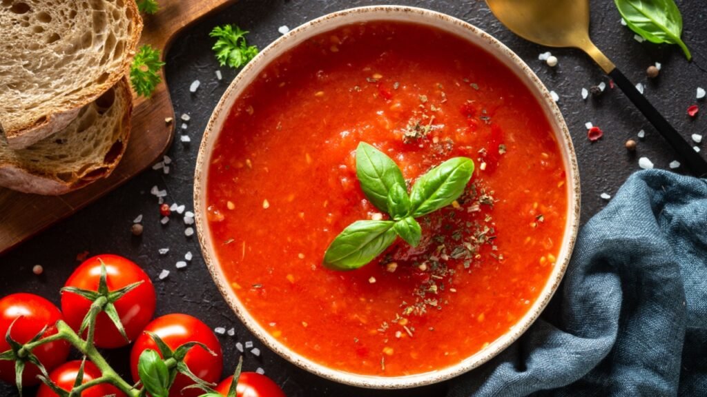 Tomato soup, vegan dish on white.