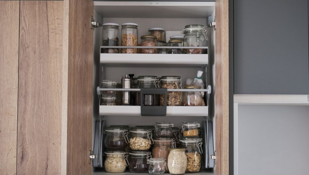 Variety of dry foods, grains, nuts, cereals in glass jars in kitchen cupboard. Zero waste storage concept.