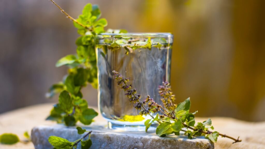 Water of holy basil, tulsi or Ocimum tenuiflorum in a transparent glass.