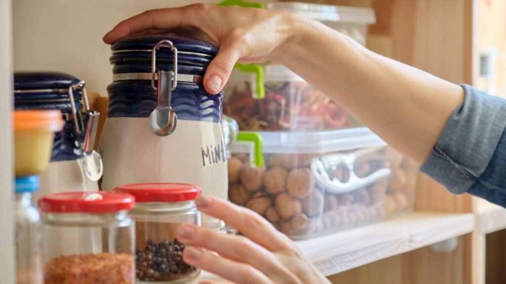 Woman in the kitchen with can of dry mint, food storage, pantry