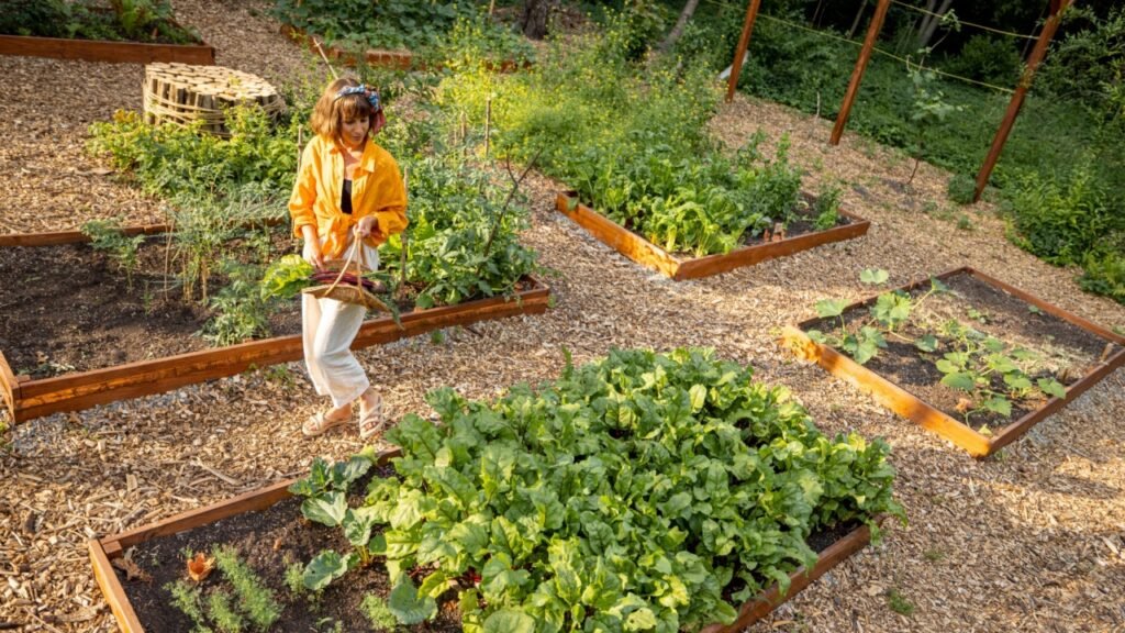 Woman walks between vegetable beds at home garden, view frmo above. Concept of local growing of organic food and sustainable lifestyle