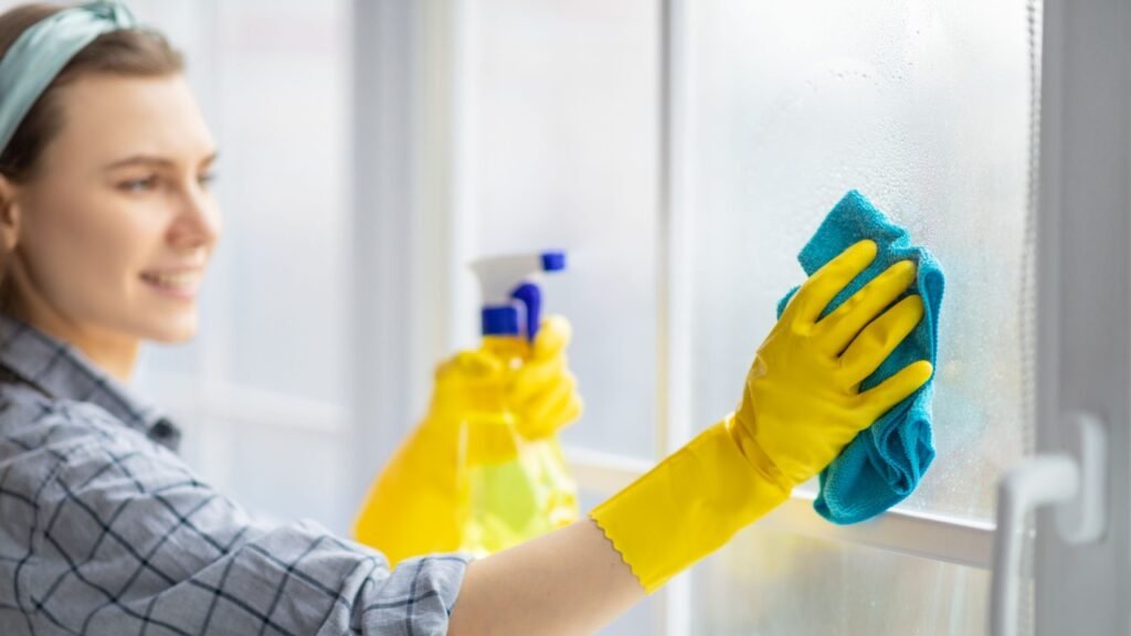 Young housekeeper washing window glass with rag and spray detergent, selective focus. Positive millennial woman doing professional house cleaning, providing sanitary service, closeup
