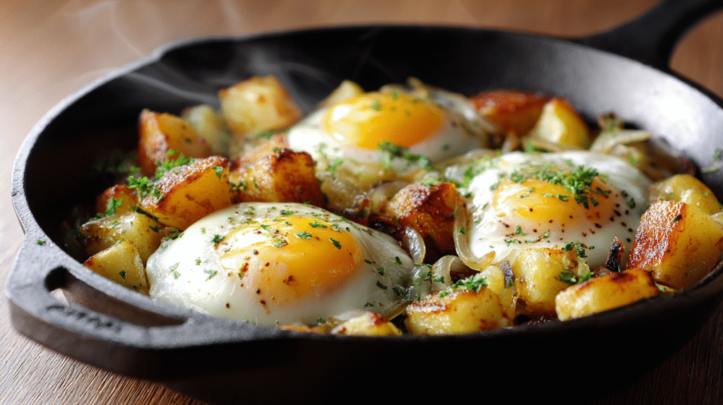 Potato and lard skillet with fried eggs