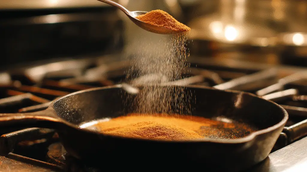 sprinkling cinnamon into a cast iron pan on a stove to make the home smell like a bakery