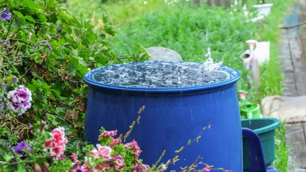 A blue barrel for collecting rainwater. Collecting rainwater in a plastic container. Collecting rainwater for watering the garden. Ecological collection of water for crop irrigation.