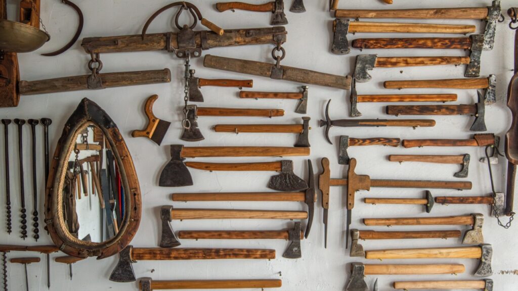 Background with very old axes and carpentry tools. Antique farm tools on display on a farm wall .