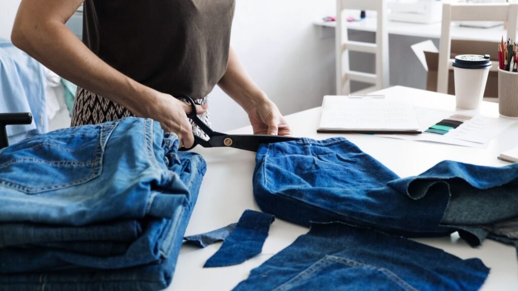 Denim Upcycling Ideas, Using Old Jeans, Repurposing Jeans, Reusing Old Jeans, Upcycle Stuff. Woman seamstress cut and repair old blue jeans in sewing studio.