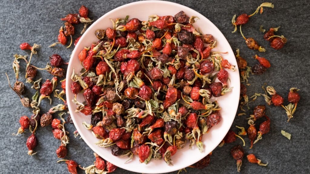 Dried ripe rose hip fruit. Antioxidant, source of vitamin C, immunity protection used during cold winter time with herbal tea. Organic farm product. Raw vegan vegetarian healthy food concept.