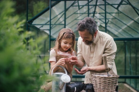 Fater and girl working together in garden, planting seedlings, spending time togeter, have shared hobby. Fatherhood and Father's Day concept.