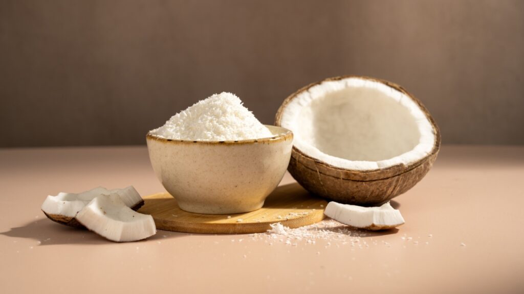 Fresh coconut flour, desiccated dried coconut flash