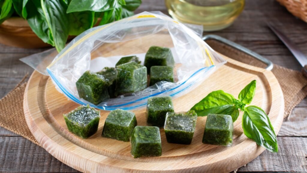 Frozen basil leaves (basilius) in ice cubes with fresh basil on a table. Frozen food concept