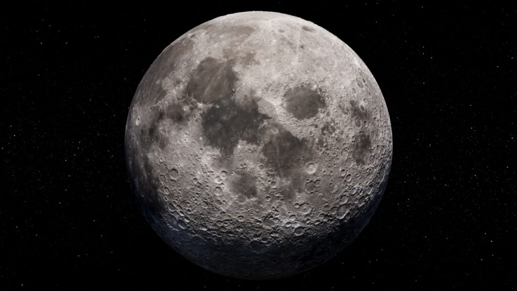 Full moon on night black sky with stars in the background, moon isolated on night sky