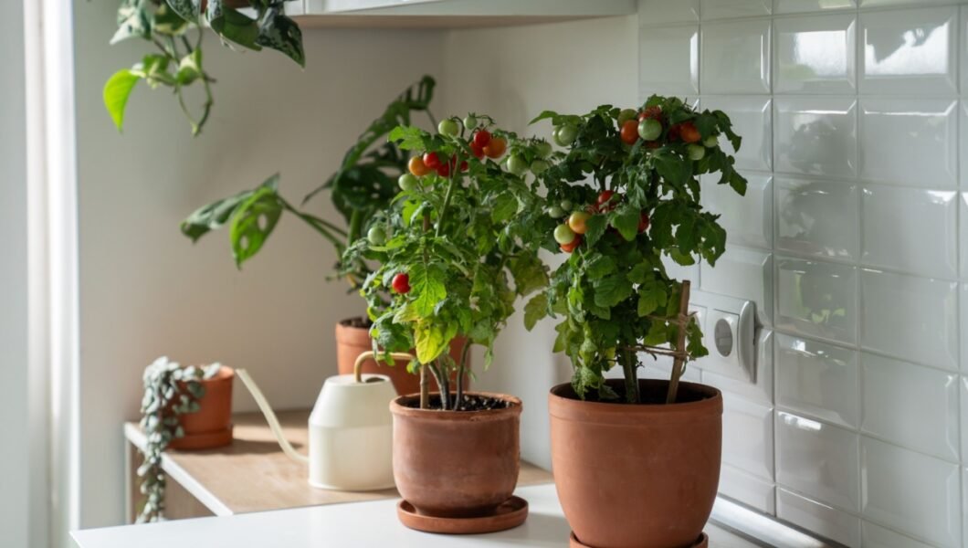 Homegrown small bush of balcony cherry red tomato in clay pot growing with houseplants at kitchen at home. Indoor farming and gardening. Dwarf potted tomatoes plant in apartment