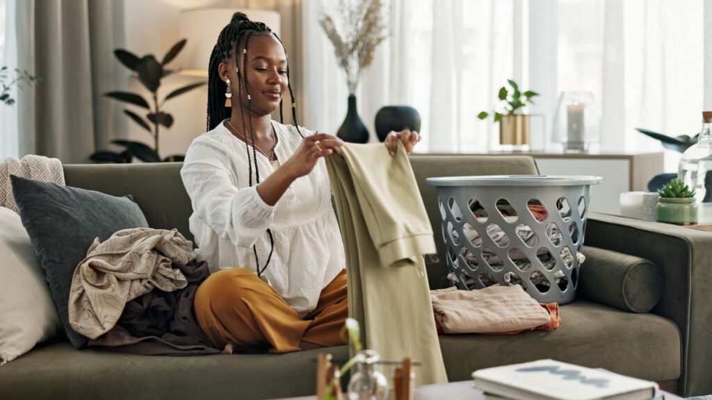 Laundry, housework and a black woman folding washing on a sofa in the living room of her home