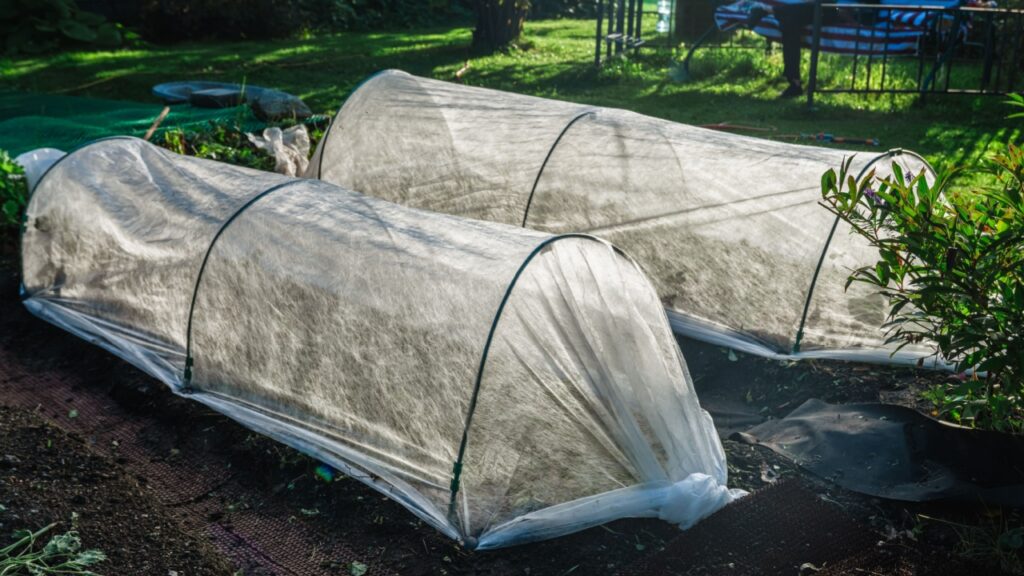 Low tunnels crafted from garden fabric provide essential protection for plants in a vegetable garden during winter months, promoting healthy growth and ensuring a bountiful harvest