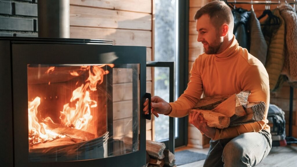 Man is putting wood into the fireplace indoors in the house.