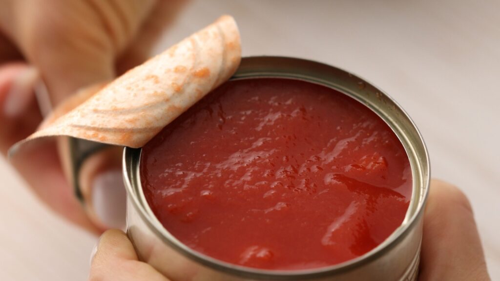 Opening a can of chopped Italian tomatoes. Cooking bolognese sauce. Food preparation in the kitchen. A series of photos to visualize the recipe.