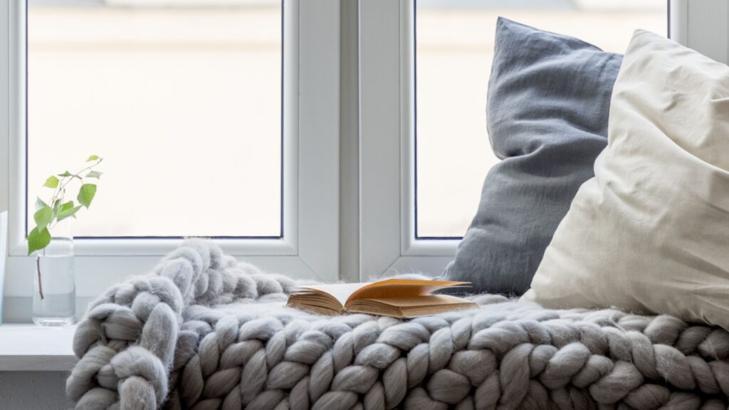 Relaxation area with books, pillows and cozy blanket on a wooden windowsill, panorama