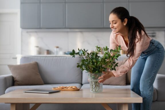 Smiling woman in peach blouse and blue jeans carefully arranges plant in vase on wooden coffee table in bright, modern living room setting
