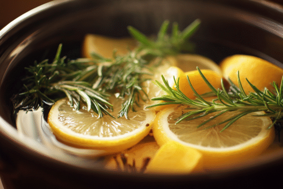 simmer pot with lemon peel, rosemary